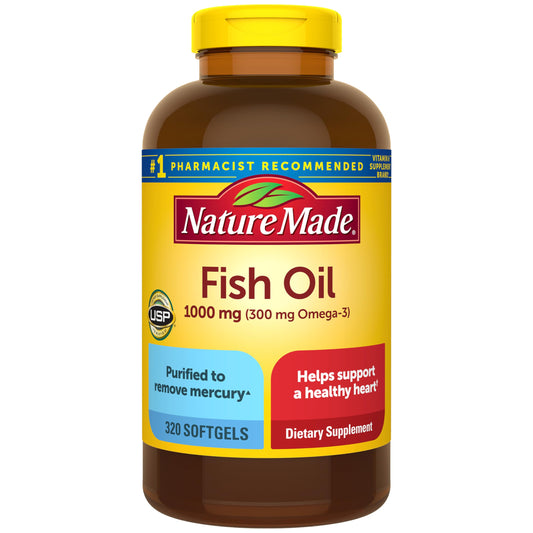 Nature Made vista frontal del envase con 320 softgels y beneficio de suministro prolongado