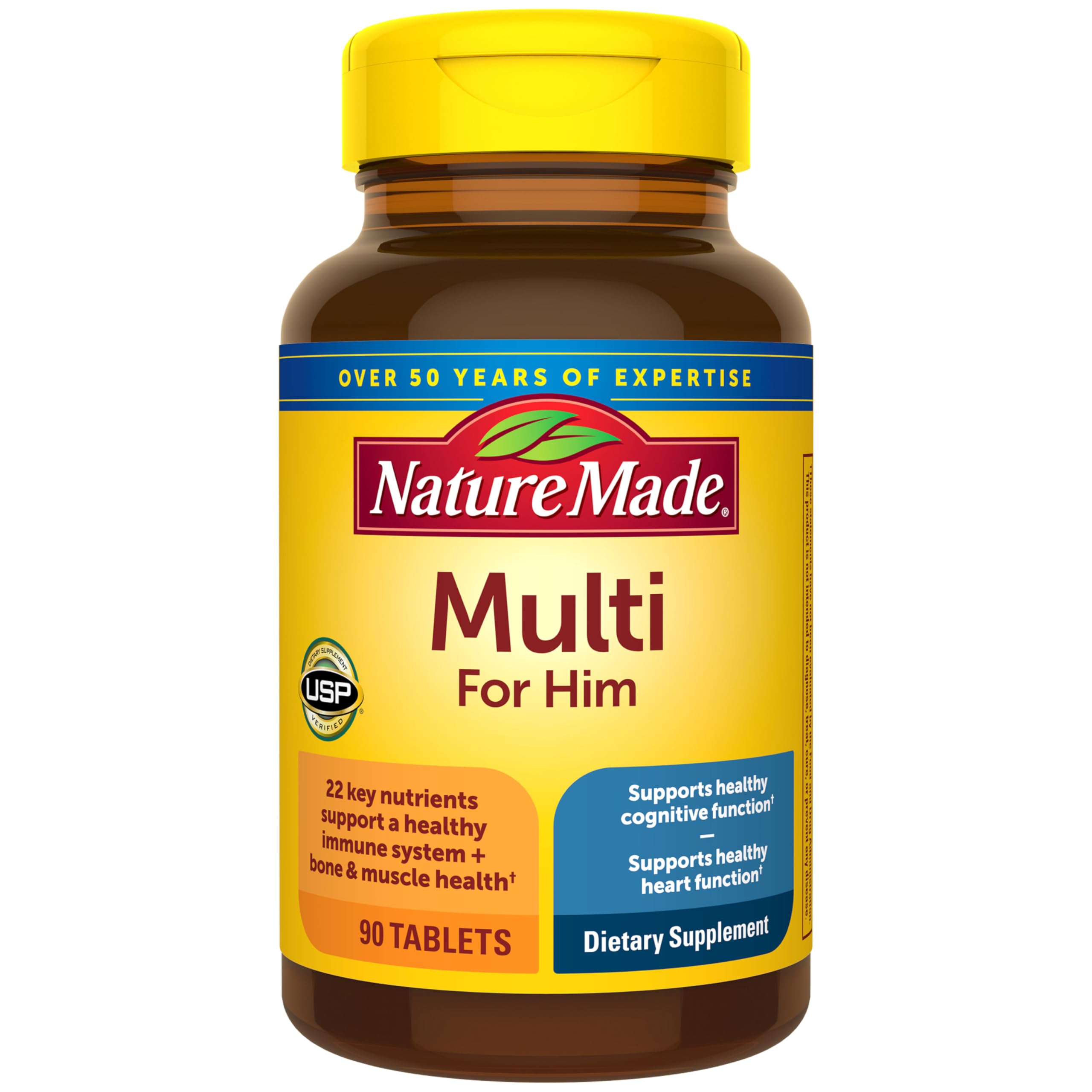 Nature Made vista frontal del envase mostrando 90 tabletas y beneficios