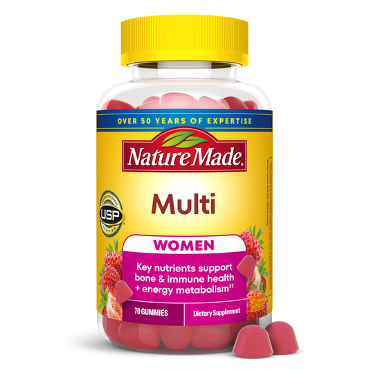 Nature Made frasco frontal con gomitas, presenta beneficios de apoyo nutricional