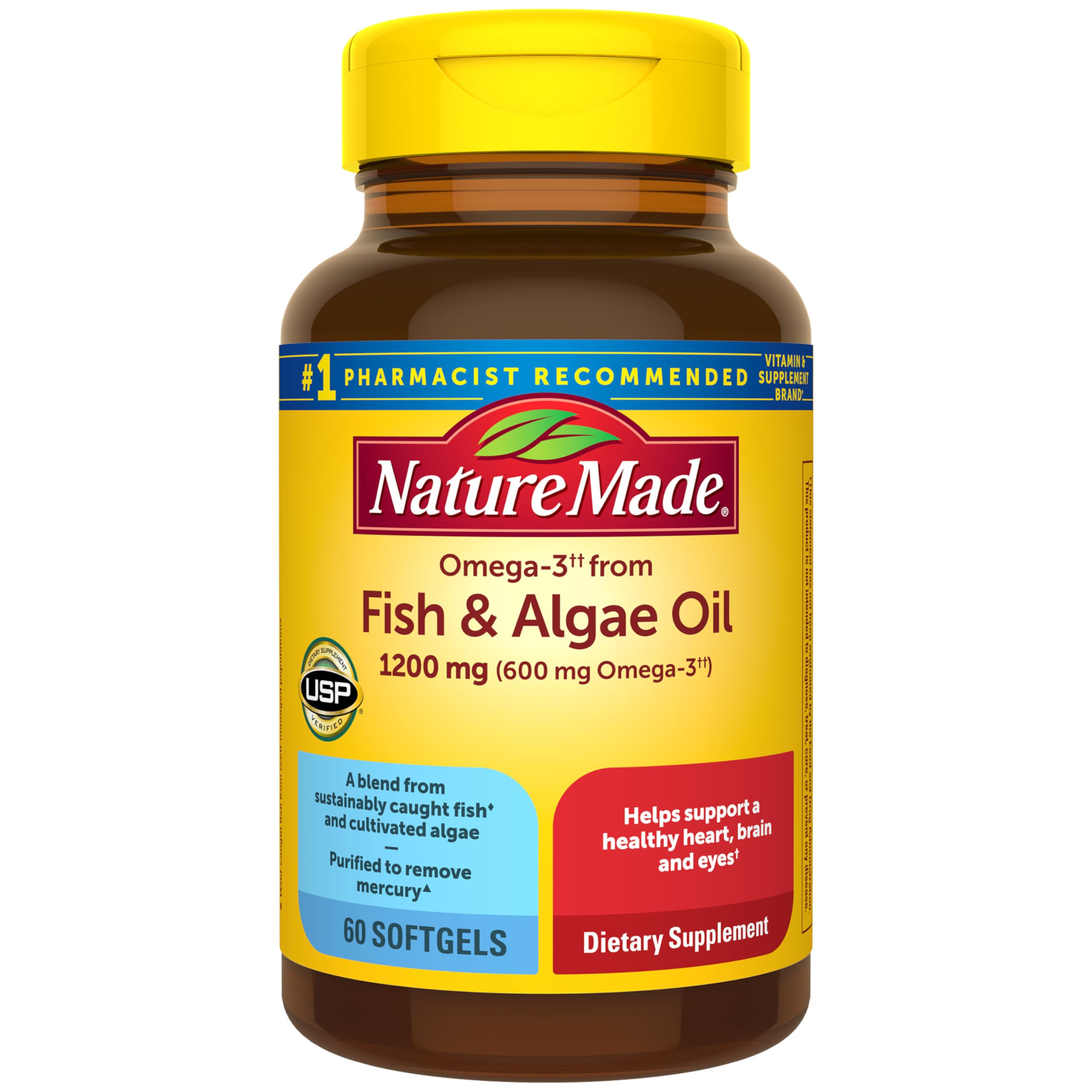 Nature Made frasco frontal mostrando 60 softgels y beneficio de suministro de 60 días