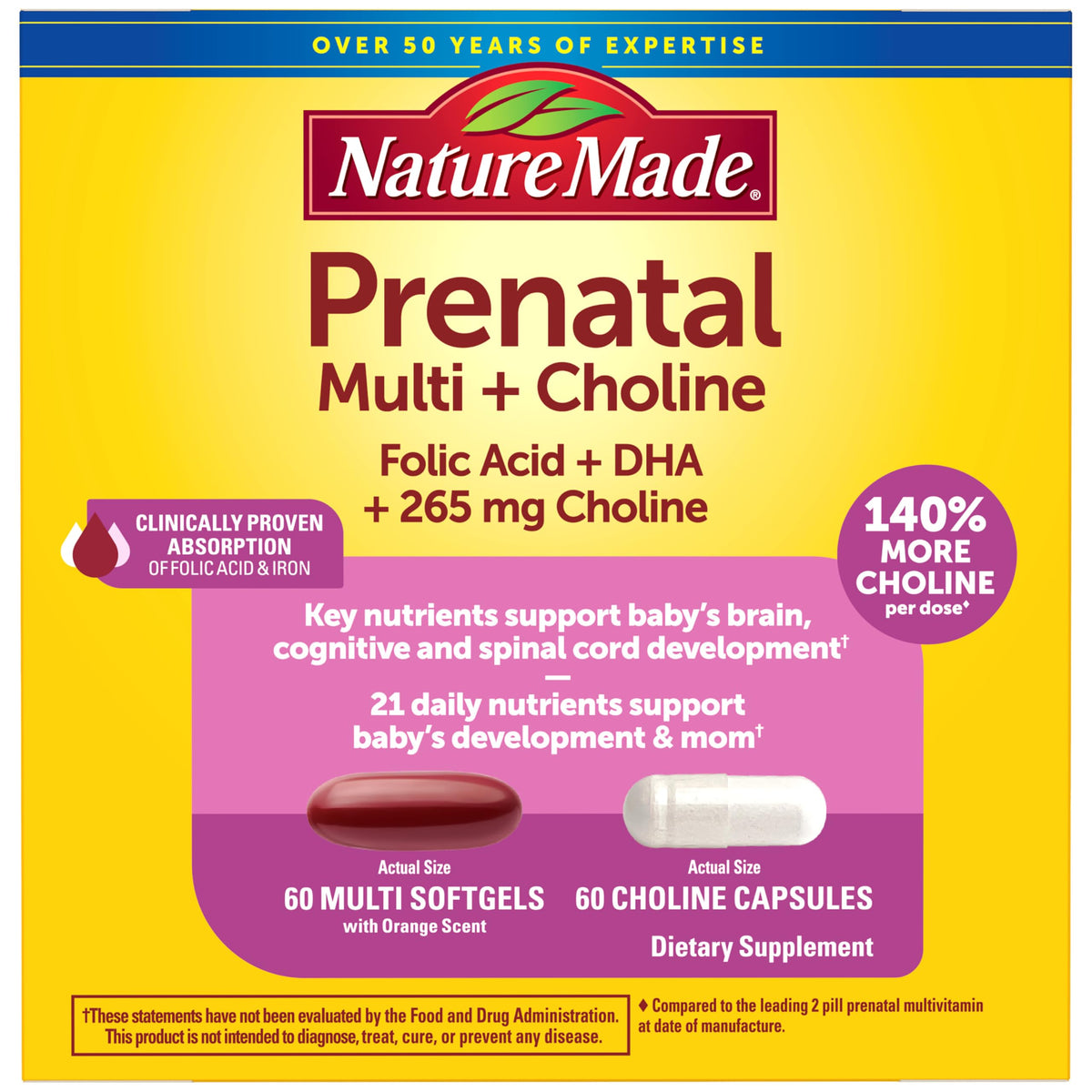 Nature Made frontal del envase prenatal mostrando información clave y beneficio