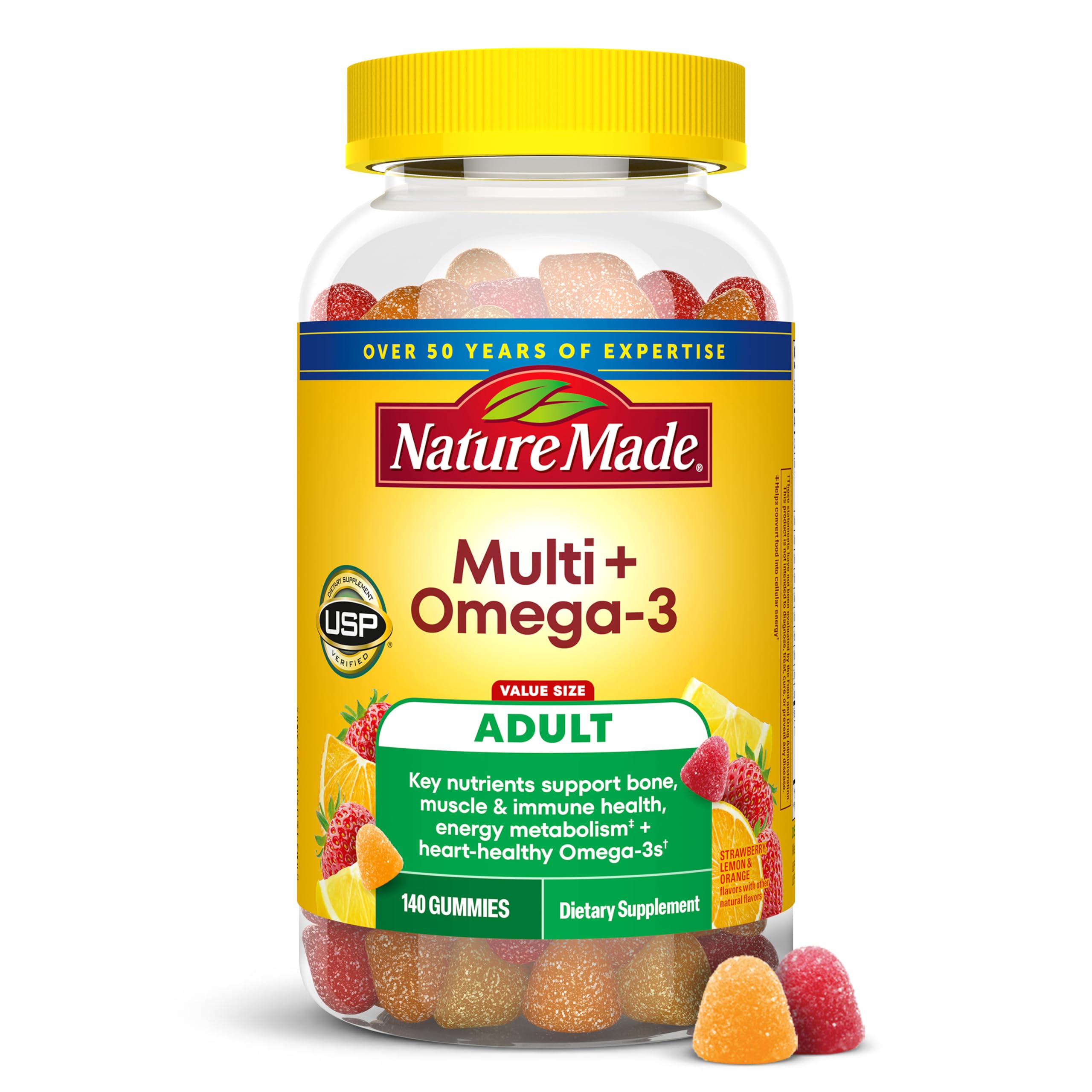 Nature Made frasco frontal mostrando etiqueta y beneficio nutricional