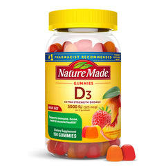 Nature Made envase frontal de gomitas mostrando 150 unidades y beneficio de dosis alta