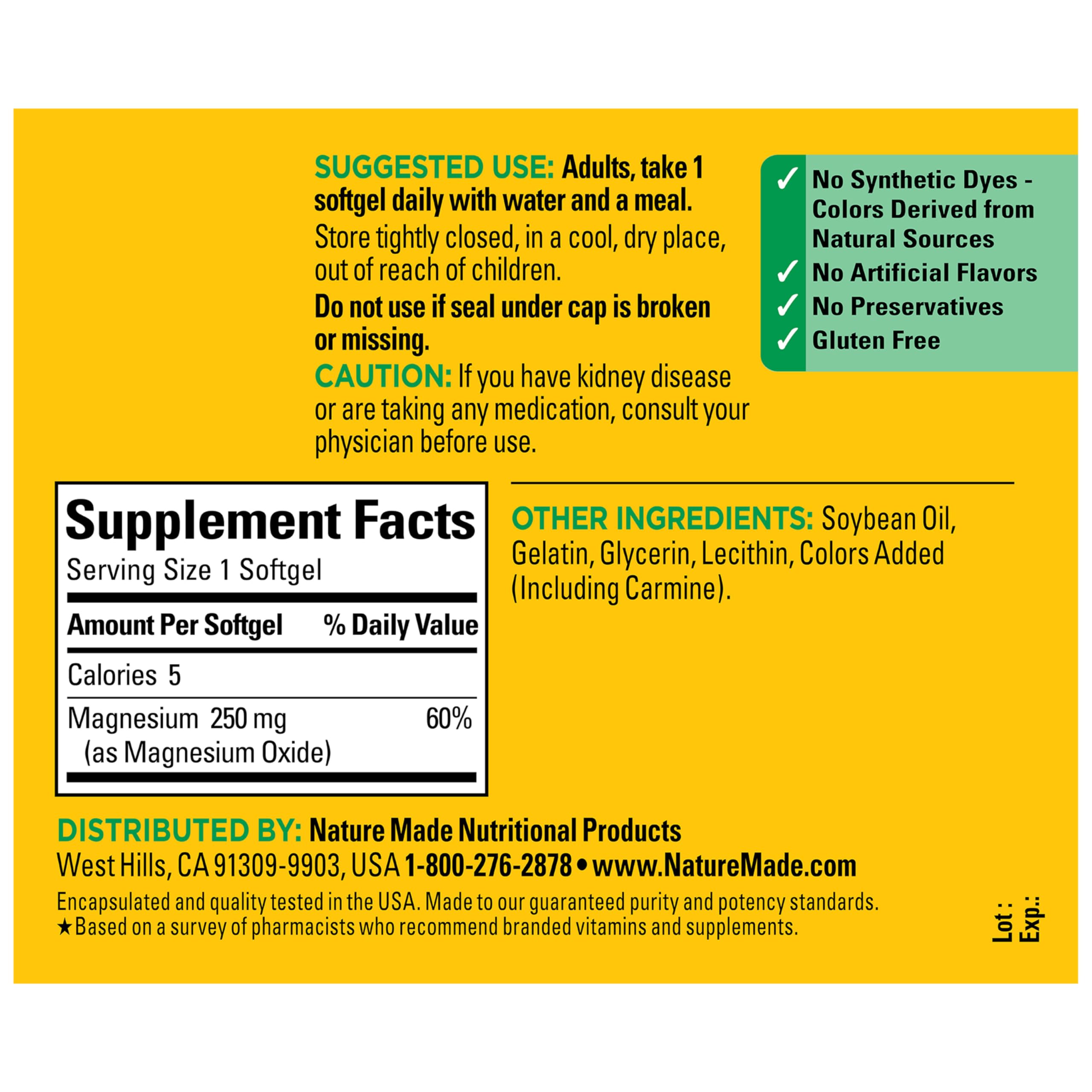 Nature Made sello sin gluten y sin conservantes, apto para dietas restringidas