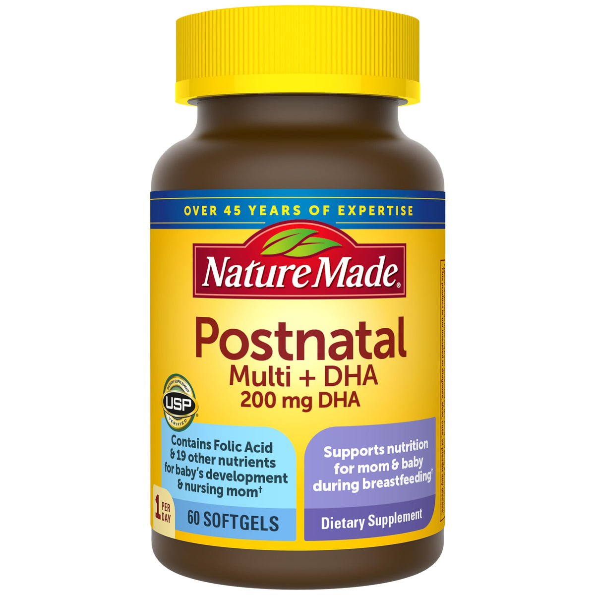 Nature Made envase frontal del multivitamínico postnatal mostrando contenido