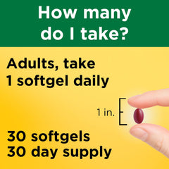 Nature Made softgel junto a un vaso de agua listo para tomar