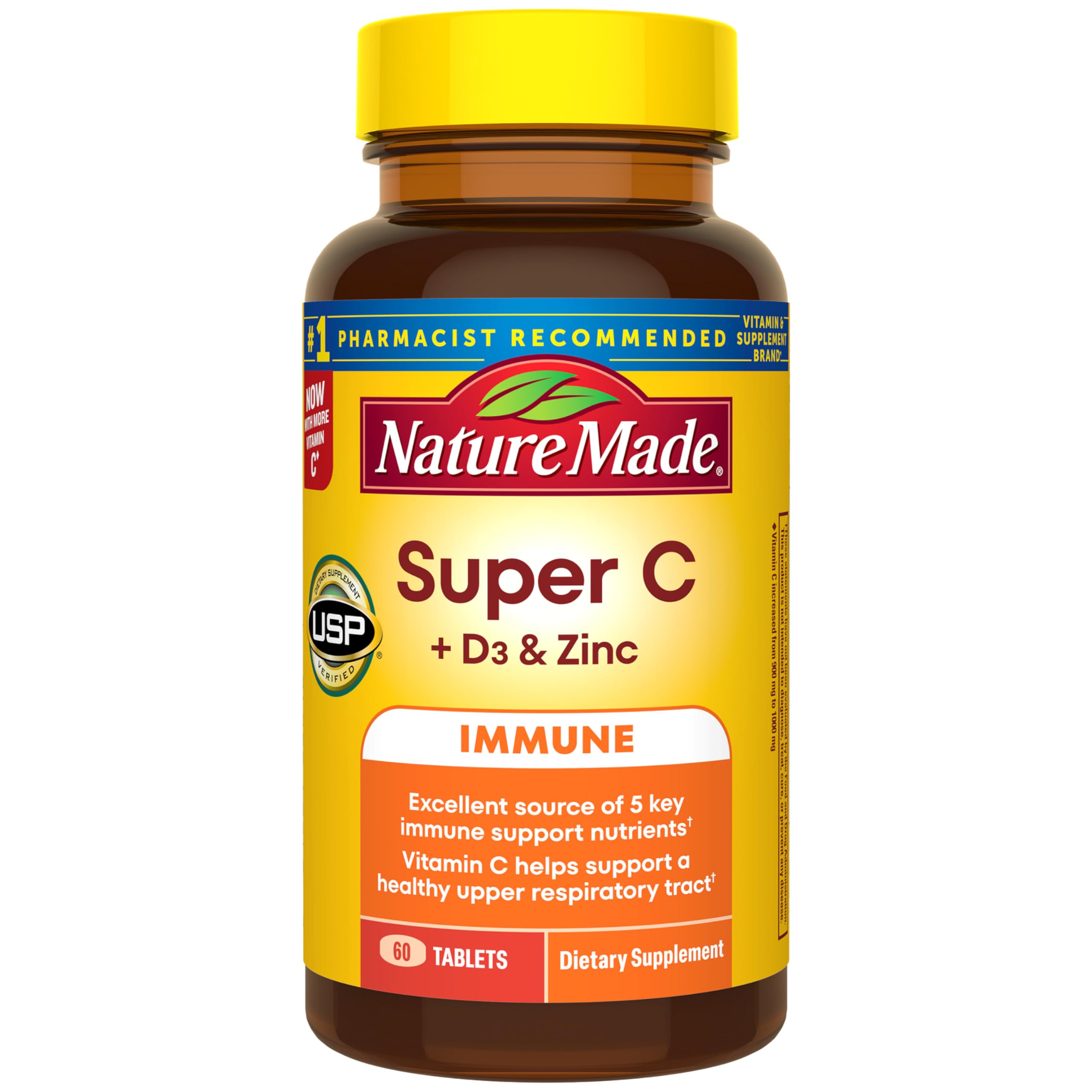 Nature Made frasco frontal con etiqueta clara y beneficio de apoyo diario
