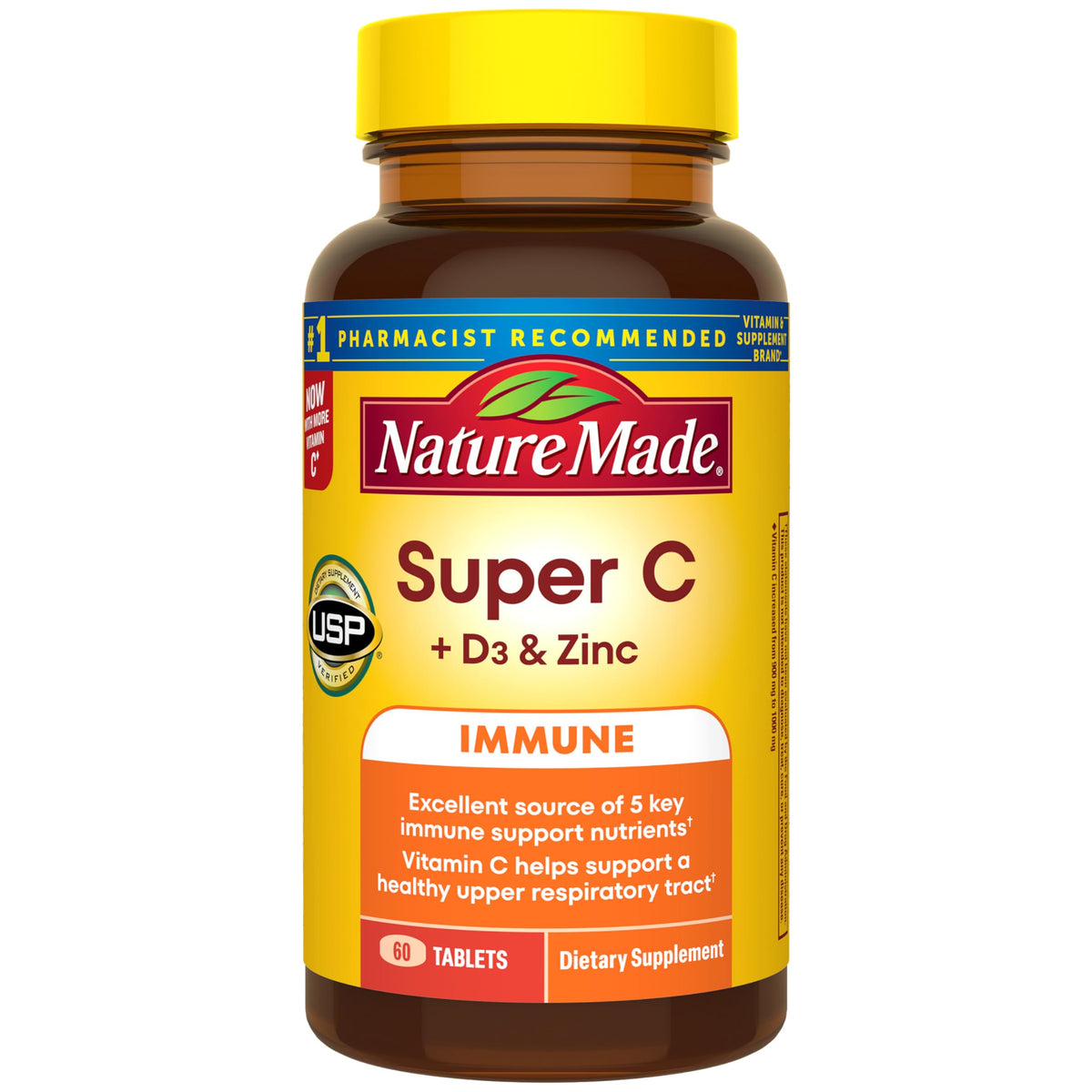 Nature Made frasco frontal con etiqueta clara y beneficio de apoyo diario