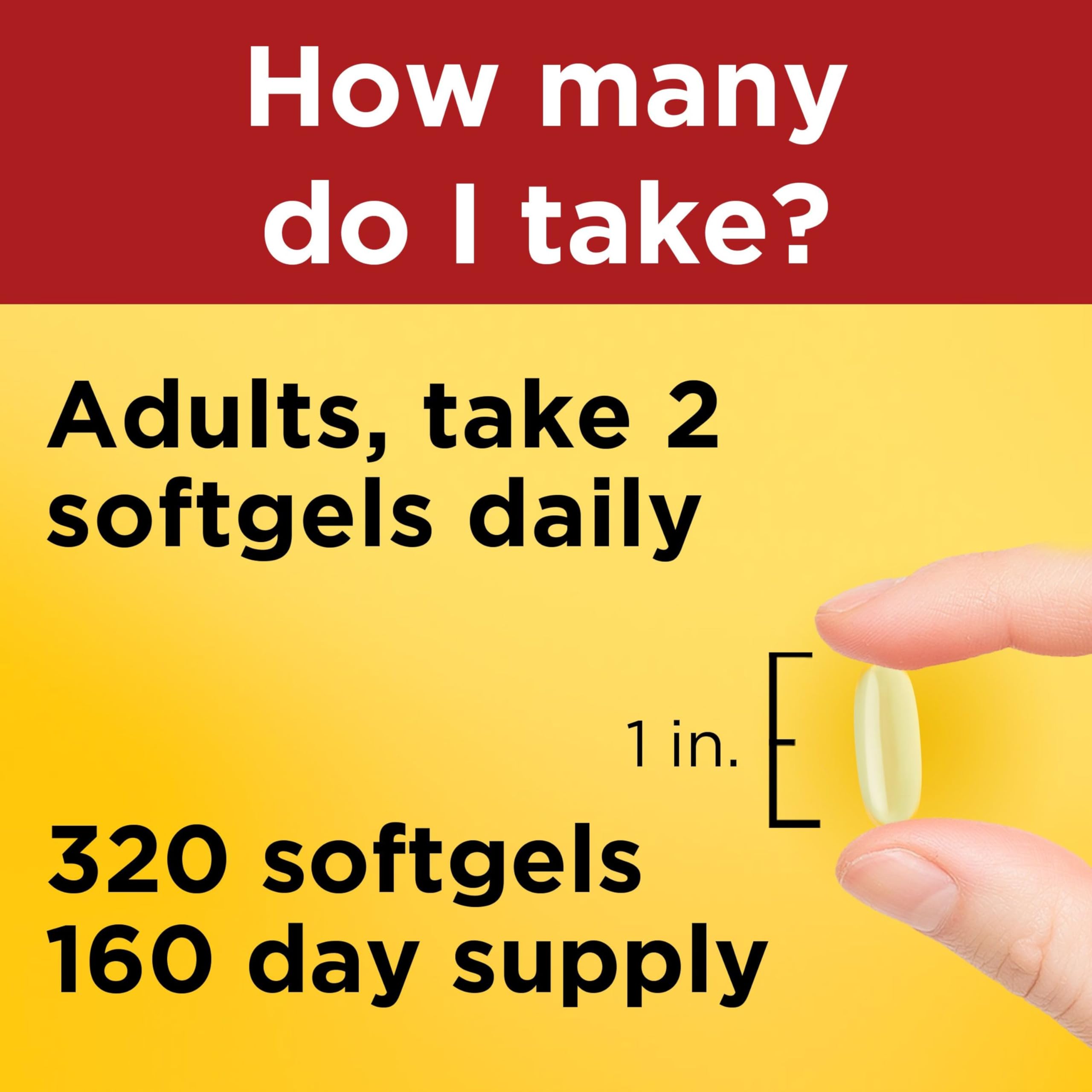 Nature Made softgels junto a un vaso de agua mostrando toma diaria recomendada