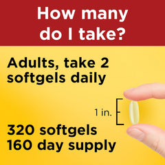 Nature Made softgels junto a un vaso de agua mostrando toma diaria recomendada