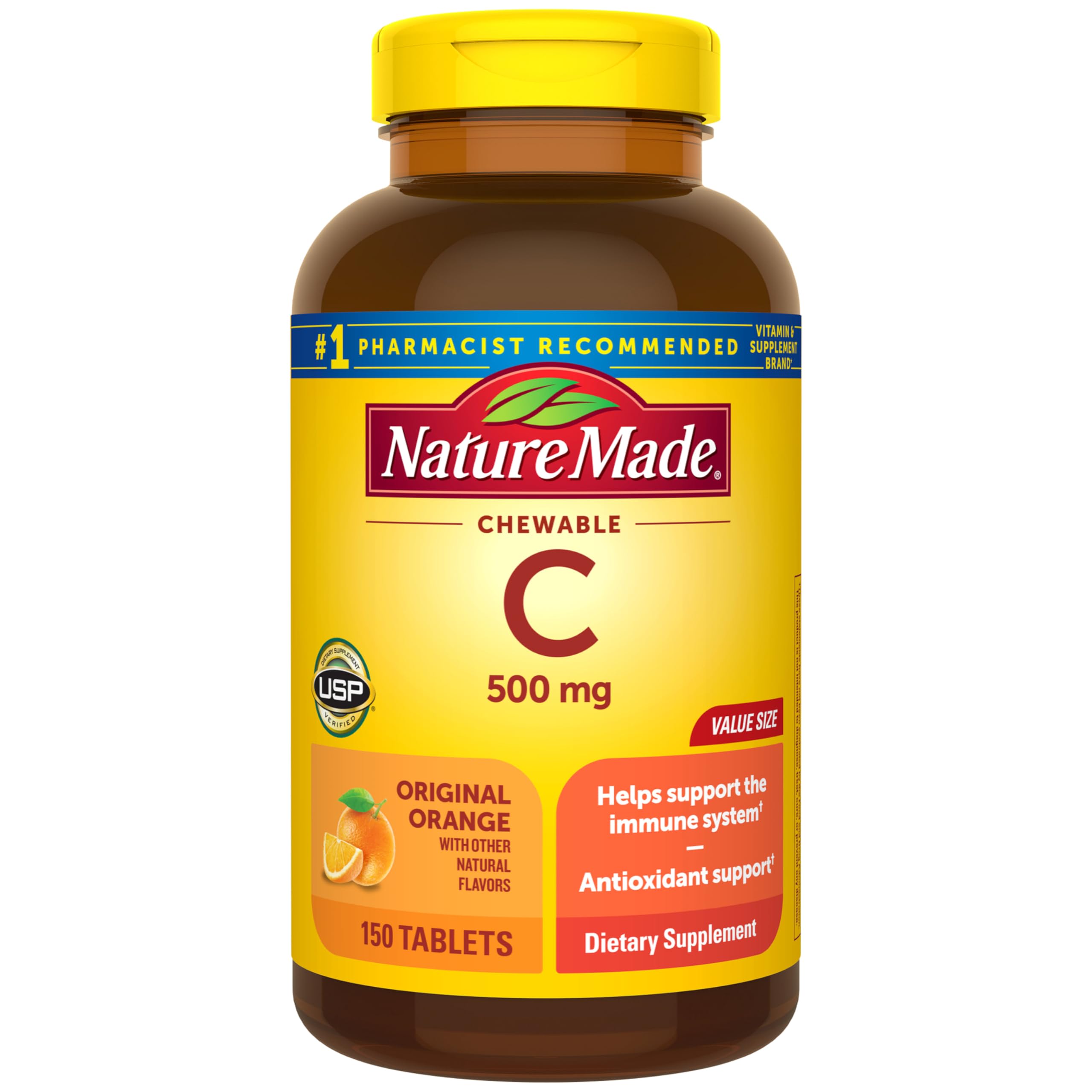 Nature Made frasco frontal mostrando 150 tabletas y propuesta de conveniencia