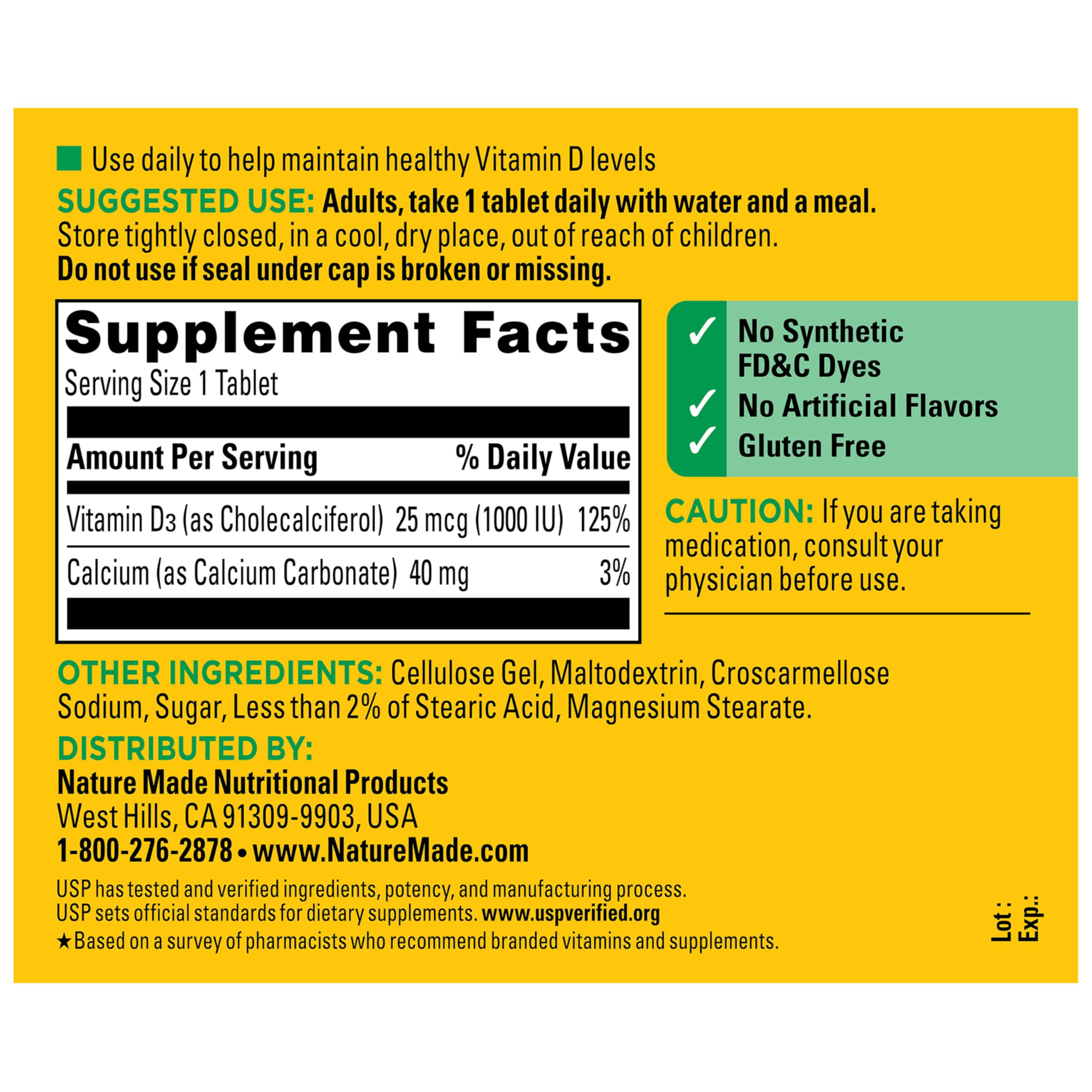 Nature Made etiqueta nutricional enfocada en 1000 IU (25 mcg) D3