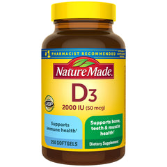 Nature Made envase frontal de Vitamina D3 2000 IU mostrando 250 cápsulas, confianza de marca