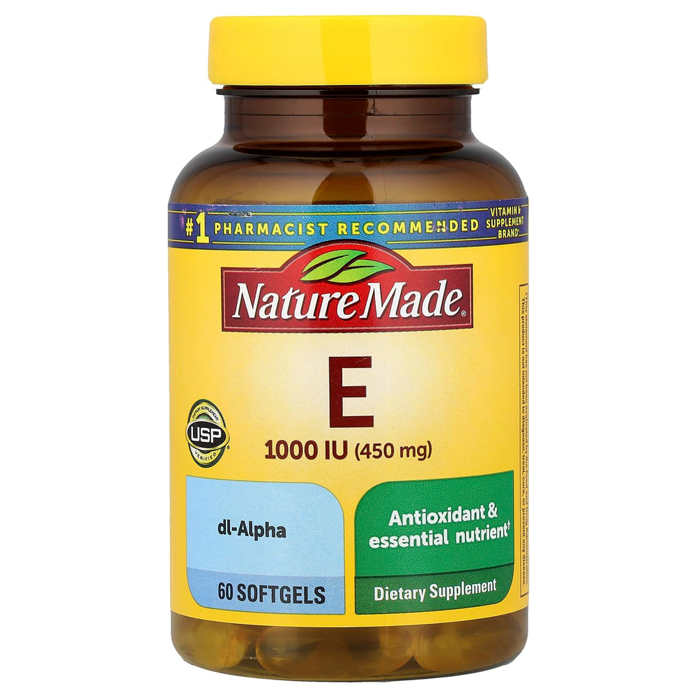 Nature Made envase frontal de Vitamina E 1000 IU 60 cápsulas, claridad en etiqueta