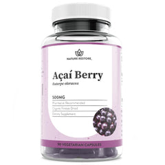 Nature Restore frasco frontal con cápsulas de açaí, práctico y orgánico