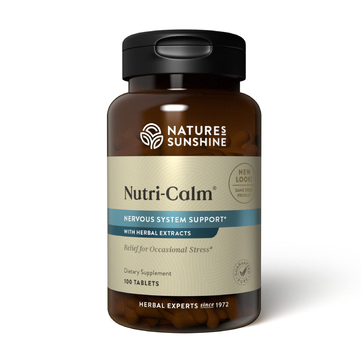 Nature's Sunshine frasco Nutri-Calm vista frontal con diseño claro y beneficios