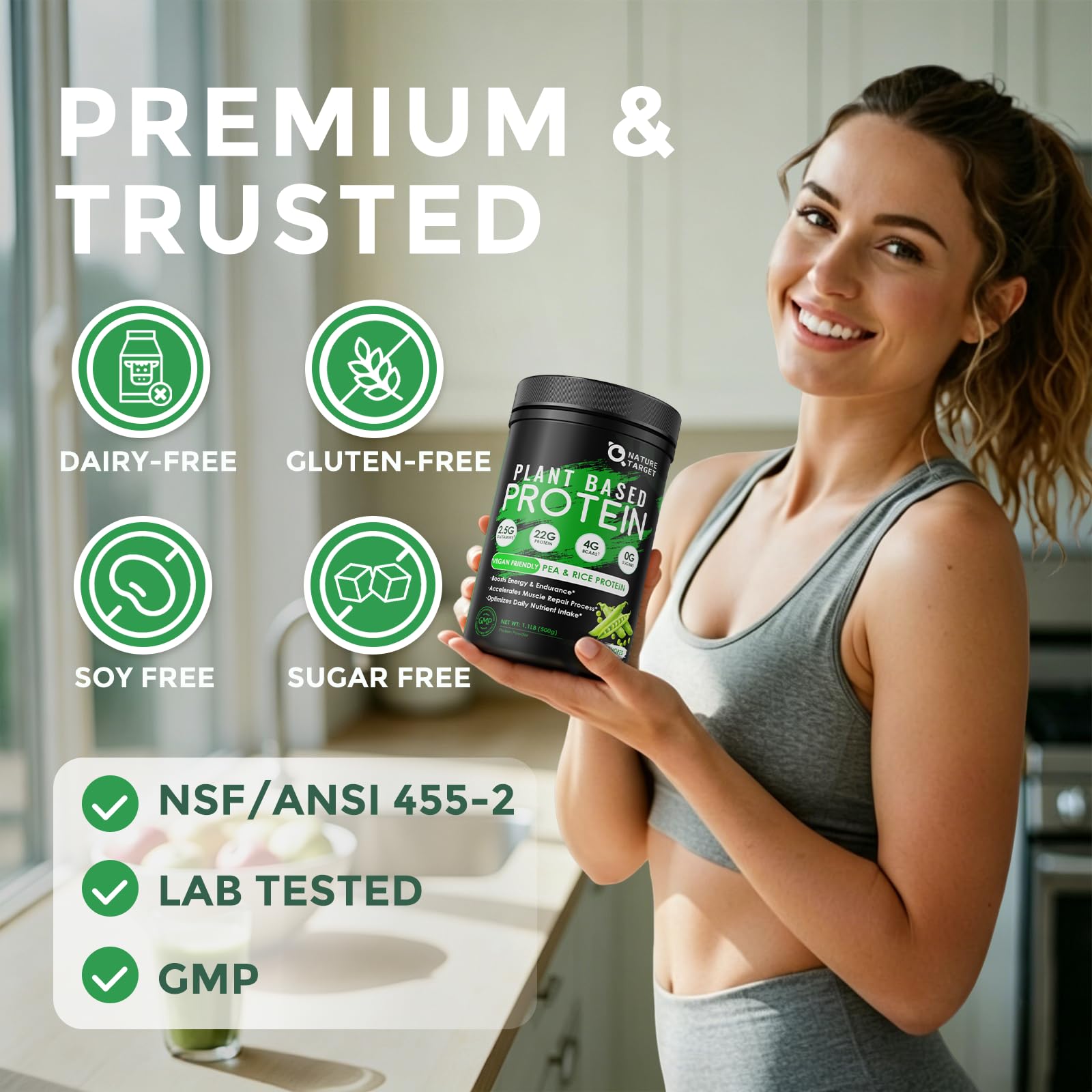 NATURE TARGET etiqueta con certificaciones NSF y libre de alérgenos