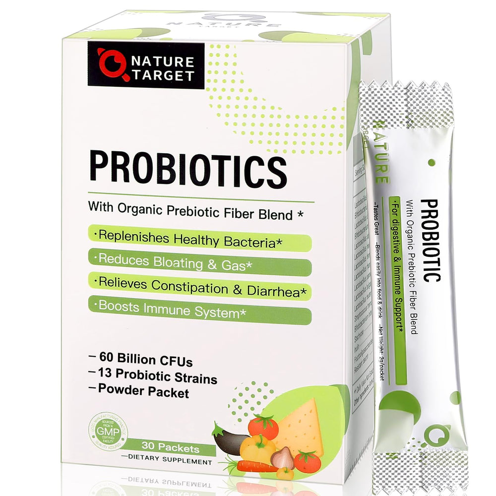 NATURE TARGET frente del empaque mostrando 30 sobres y beneficios