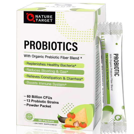 NATURE TARGET frente del empaque mostrando 30 sobres y beneficios
