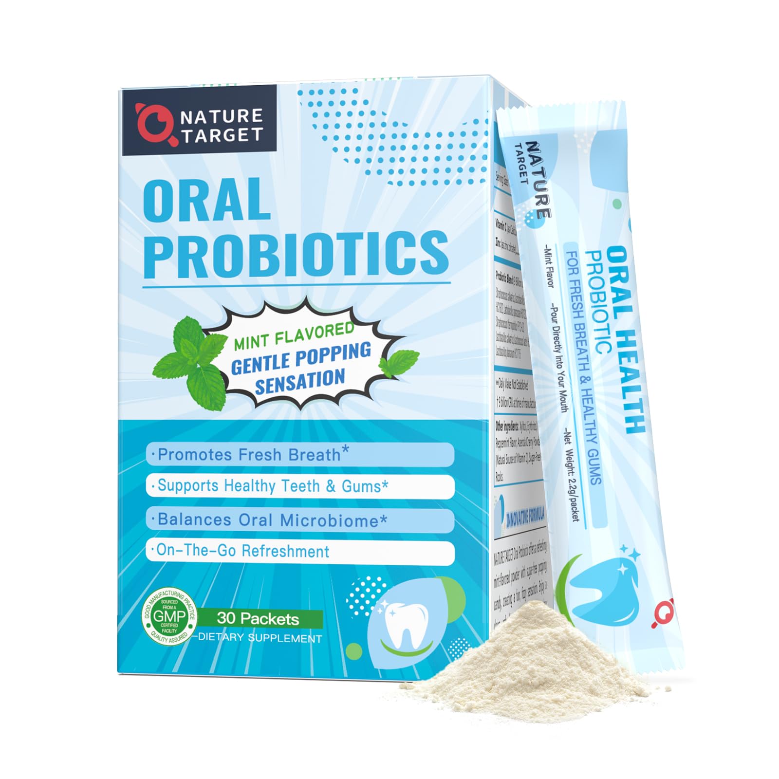 NATURE TARGET empaque frontal mostrando sobres y marca, ideal para frescura oral