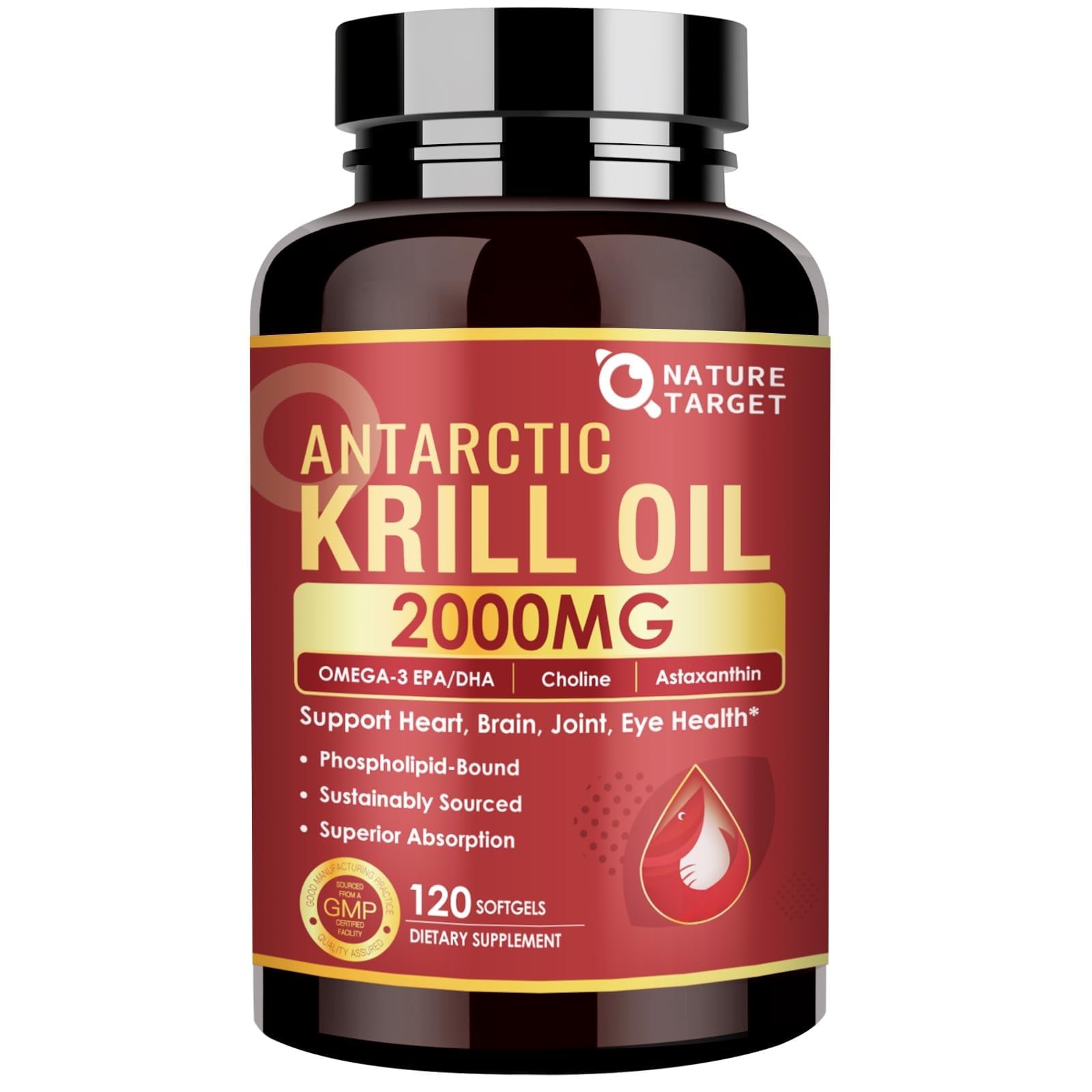 NATURE TARGET frasco frontal mostrando 120 softgels y beneficios
