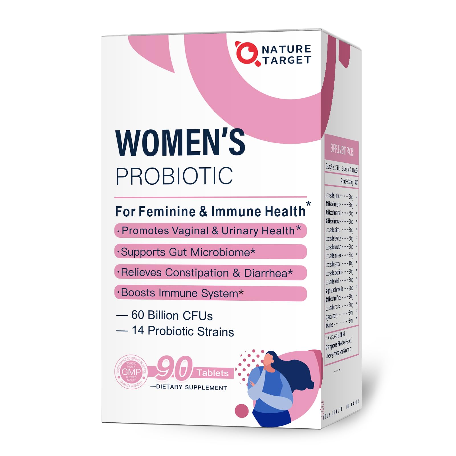 NATURE TARGET envase frontal mostrando 90 tabletas y beneficio de suministro prolongado