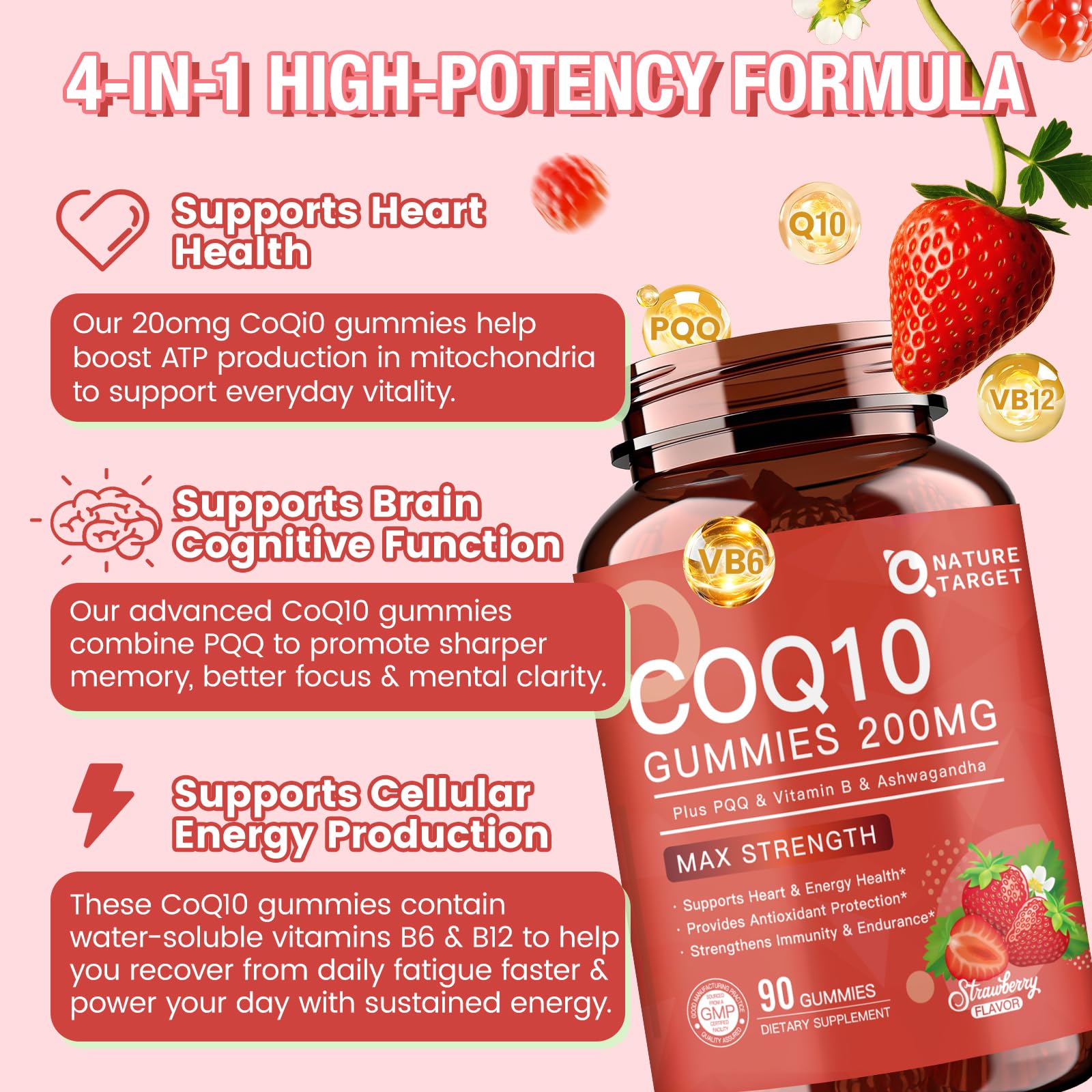 NATURE TARGET etiqueta nutricional con información de CoQ10 y PQQ visible