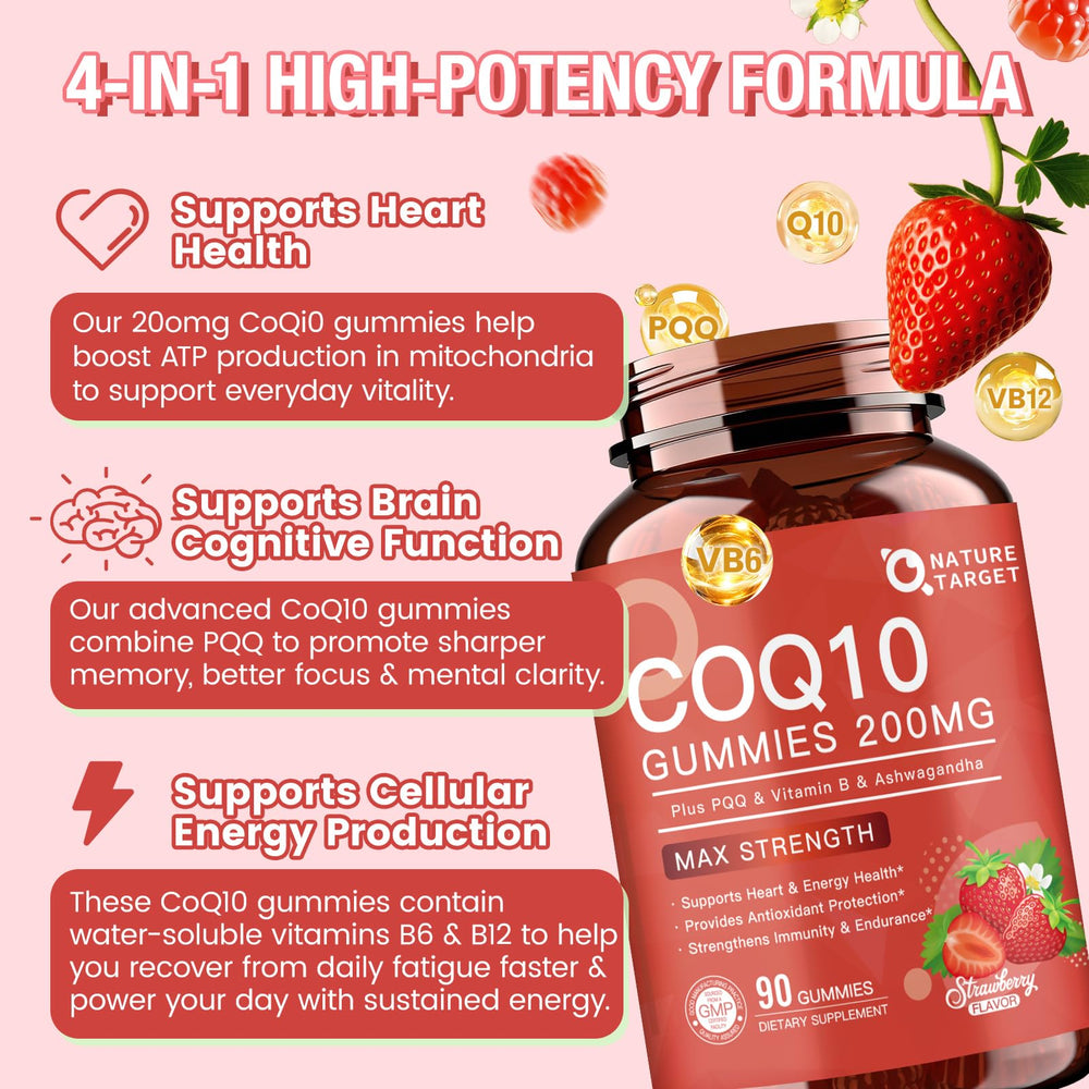 NATURE TARGET etiqueta nutricional con información de CoQ10 y PQQ visible