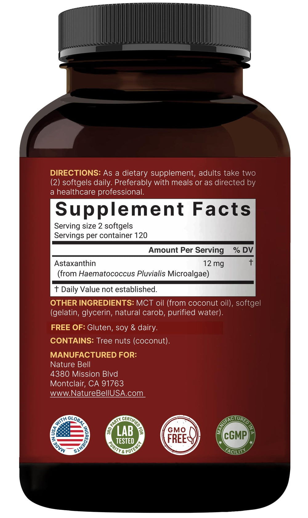 NatureBell botella abierta con softgels esparcidas, evidencia de cantidad