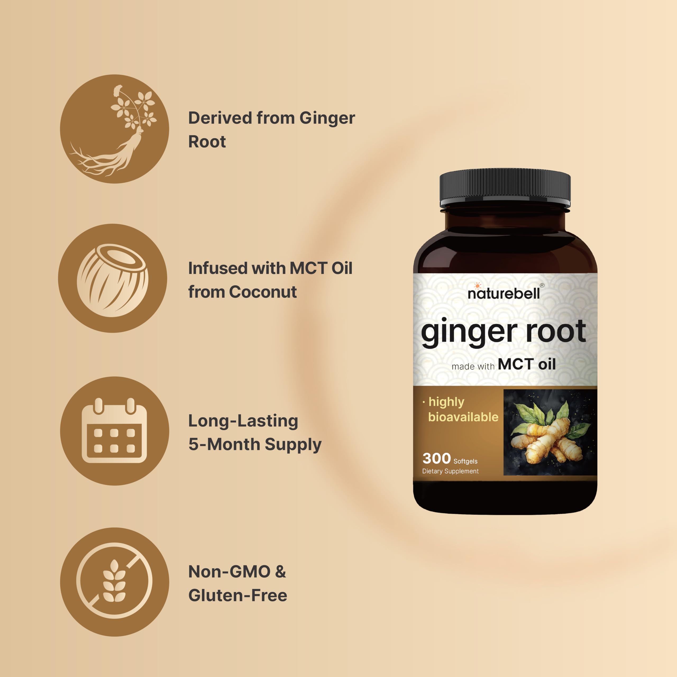 NatureBell botella abierta con softgels visibles, suministro prolongado