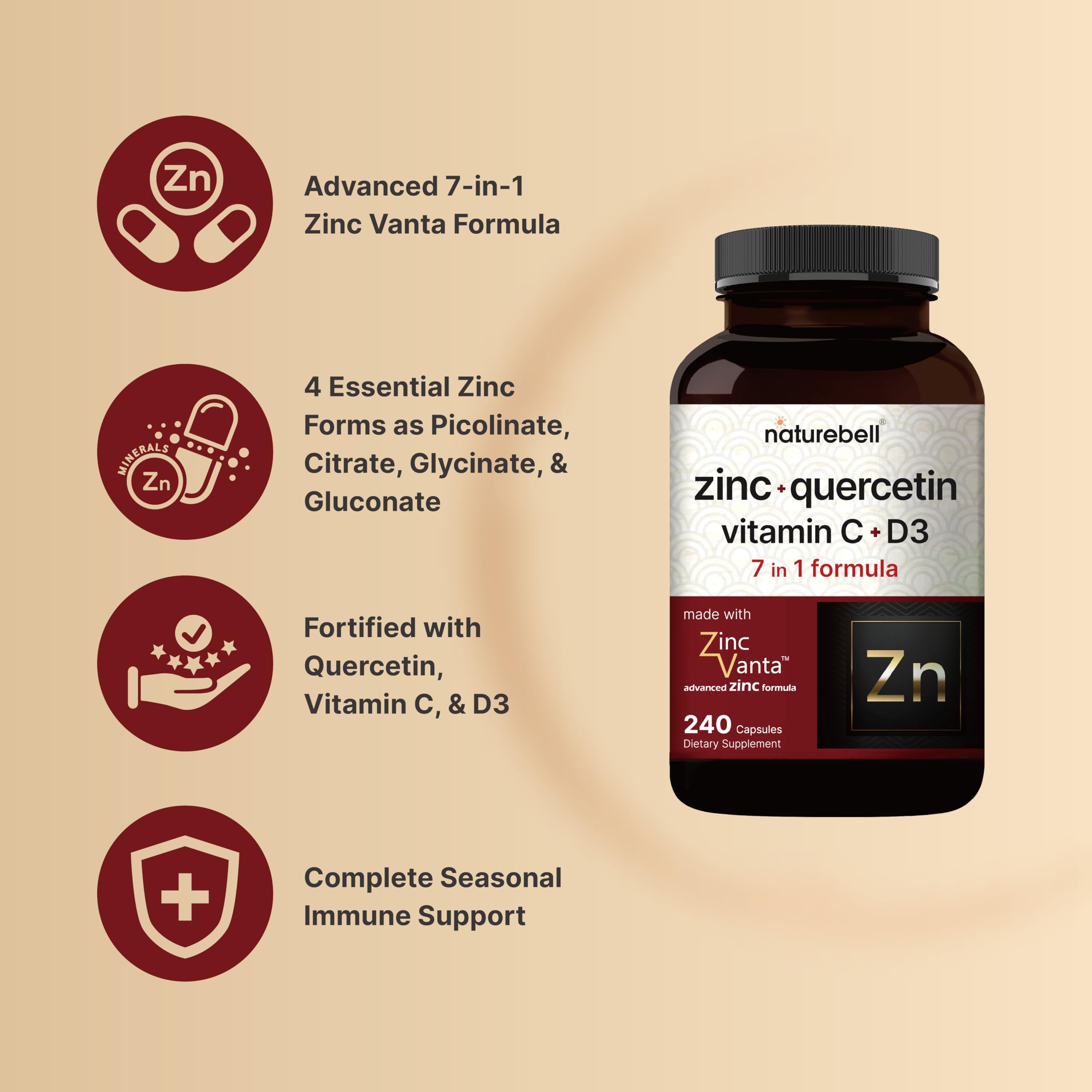 Detalle de la etiqueta NatureBell mostrando la lista de ingredientes y la fórmula ZincVanta