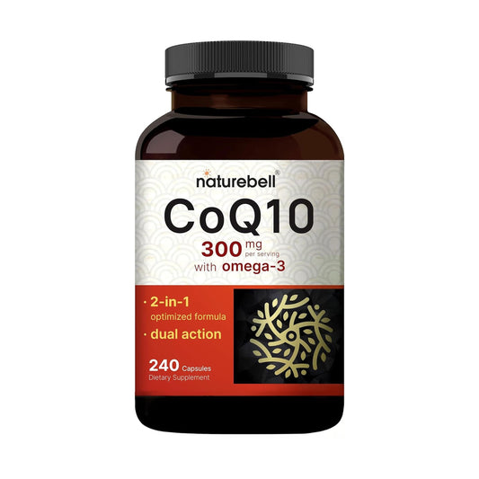 NatureBell bote frontal mostrando CoQ10 300 mg y 240 cápsulas, confianza y volumen