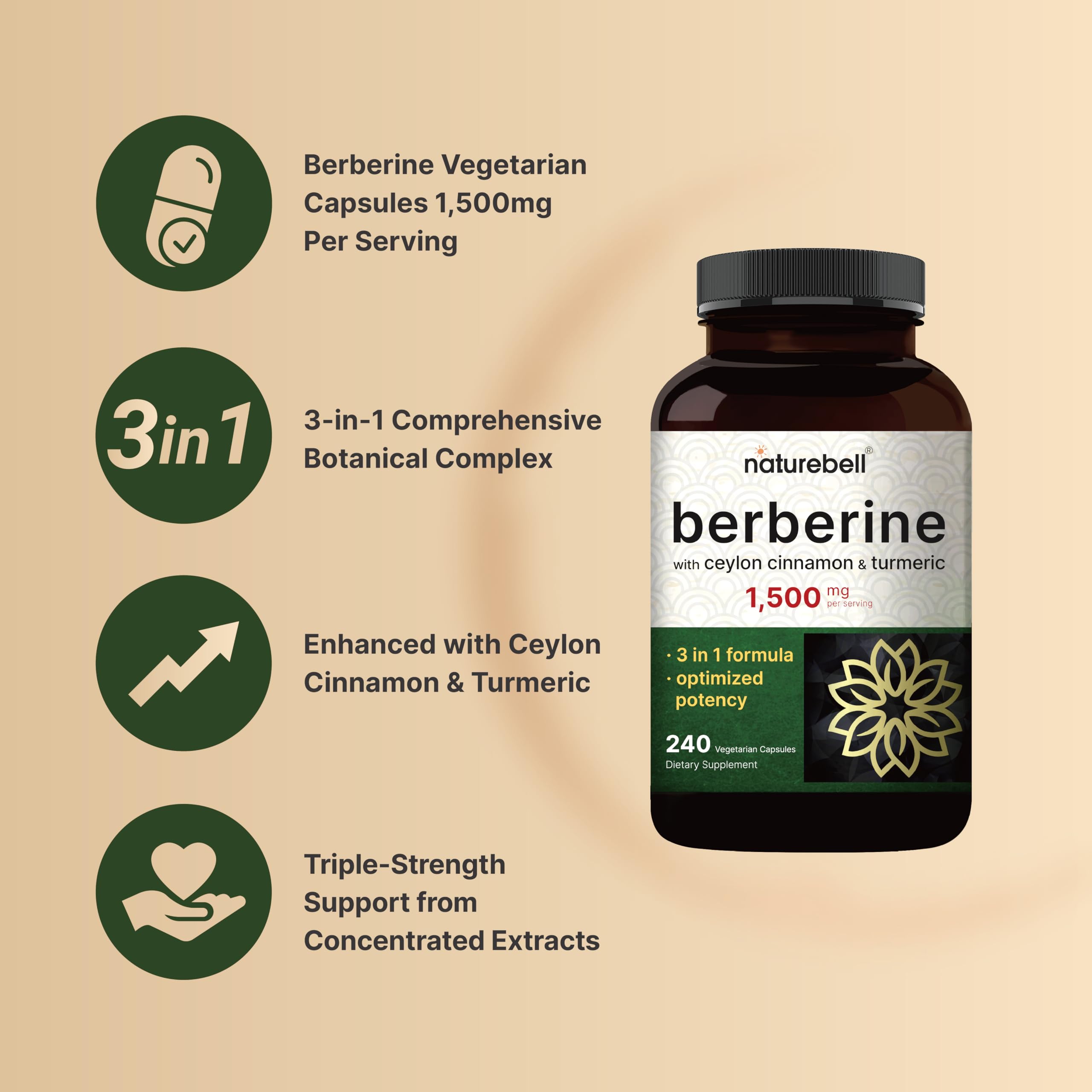 NatureBell etiqueta con lista de ingredientes: berberina, canela Ceylán y cúrcuma
