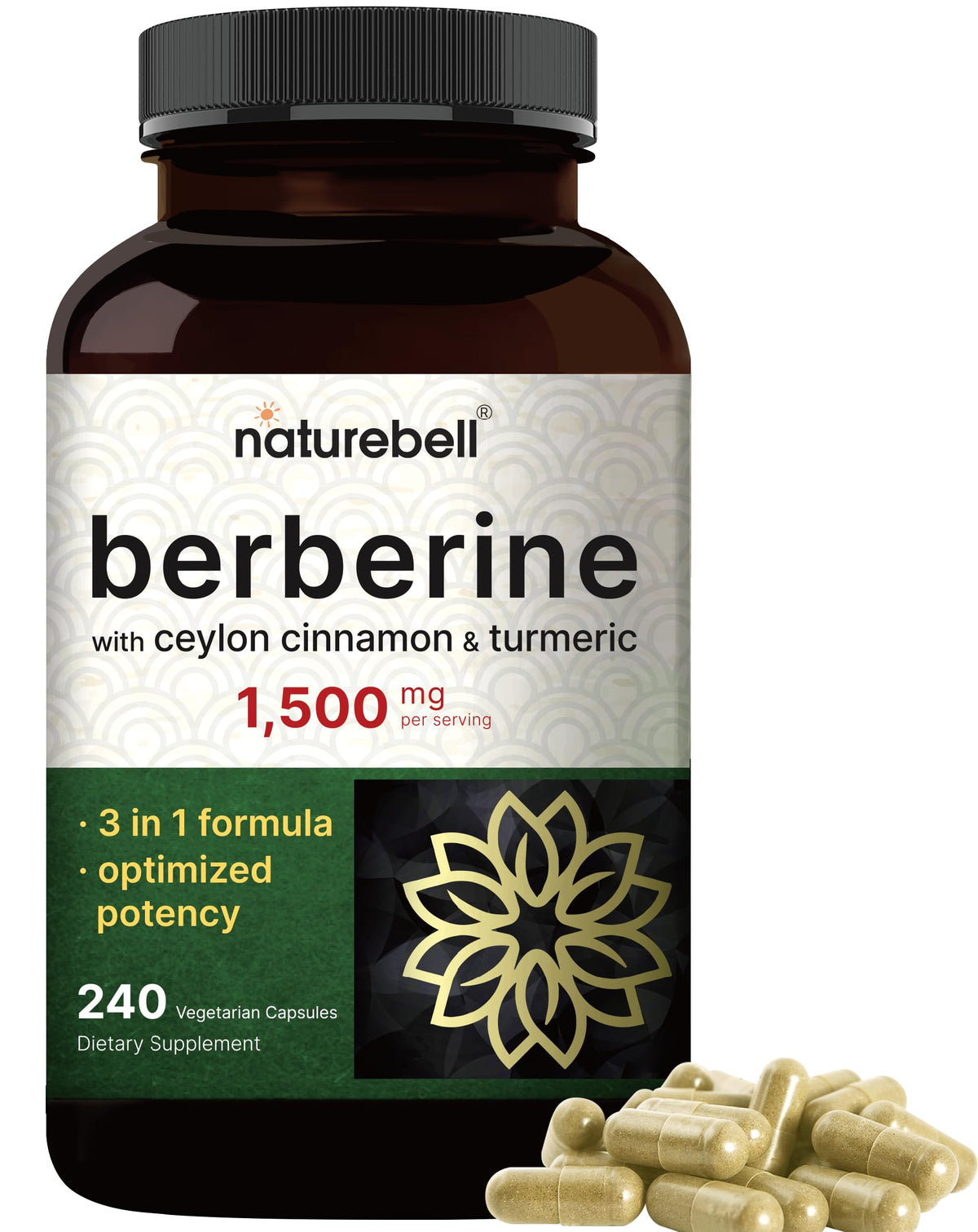 NatureBell frasco frontal mostrando etiqueta y cantidad 240 cápsulas, suplemento confiable