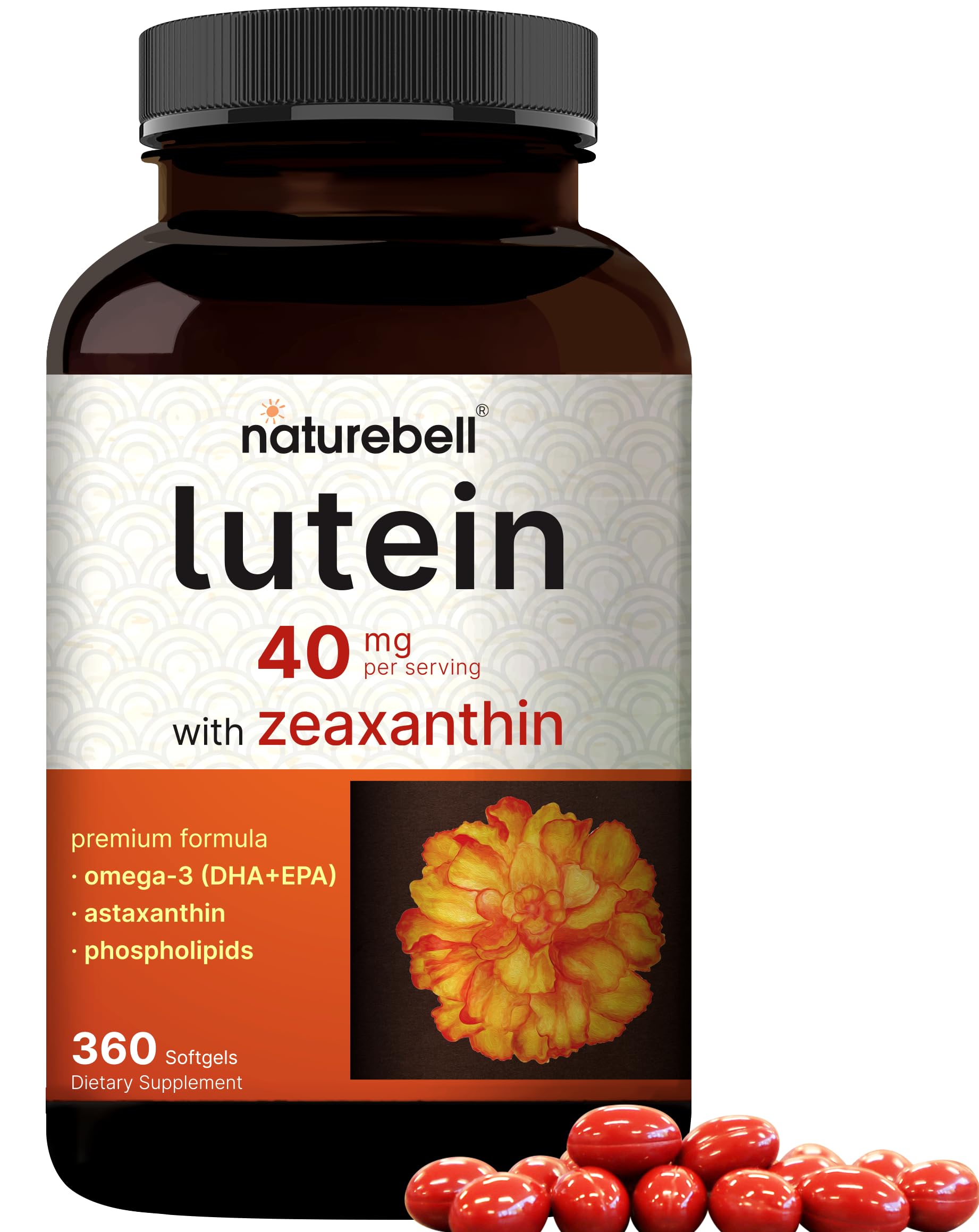 NatureBell frontal de la botella mostrando 360 softgels y beneficios
