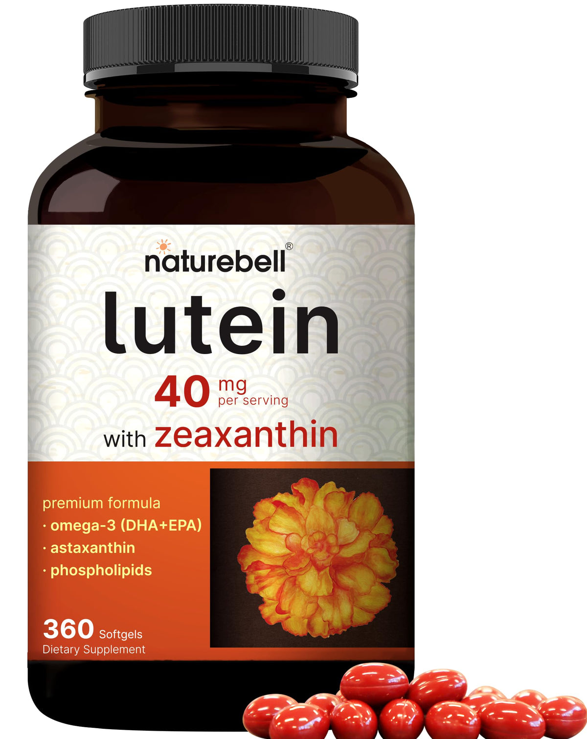 NatureBell frontal de la botella mostrando 360 softgels y beneficios