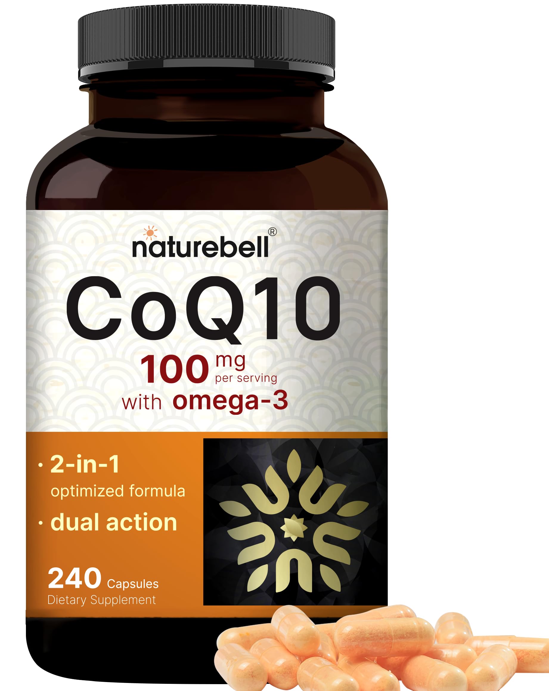 NatureBell frasco frontal CoQ10+Omega‑3 mostrando diseño y beneficio cardíaco