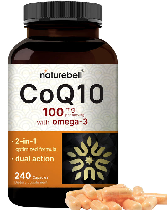 NatureBell frasco frontal CoQ10+Omega‑3 mostrando diseño y beneficio cardíaco