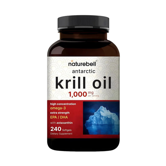 NatureBell envase frontal de Antarctic Krill Oil mostrando la marca y beneficio de pureza