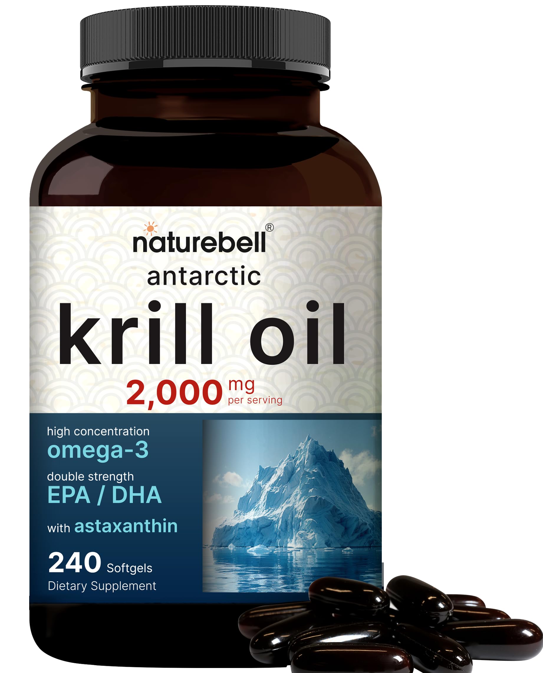 NatureBell frasco frontal de krill antártico mostrando etiqueta y beneficio de omega‑3