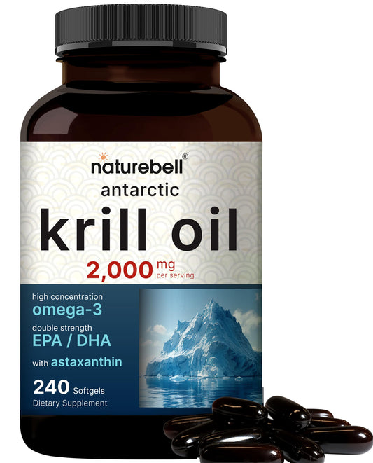 NatureBell frasco frontal de krill antártico mostrando etiqueta y beneficio de omega‑3