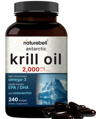 NatureBell frasco frontal de krill antártico mostrando etiqueta y beneficio de omega‑3