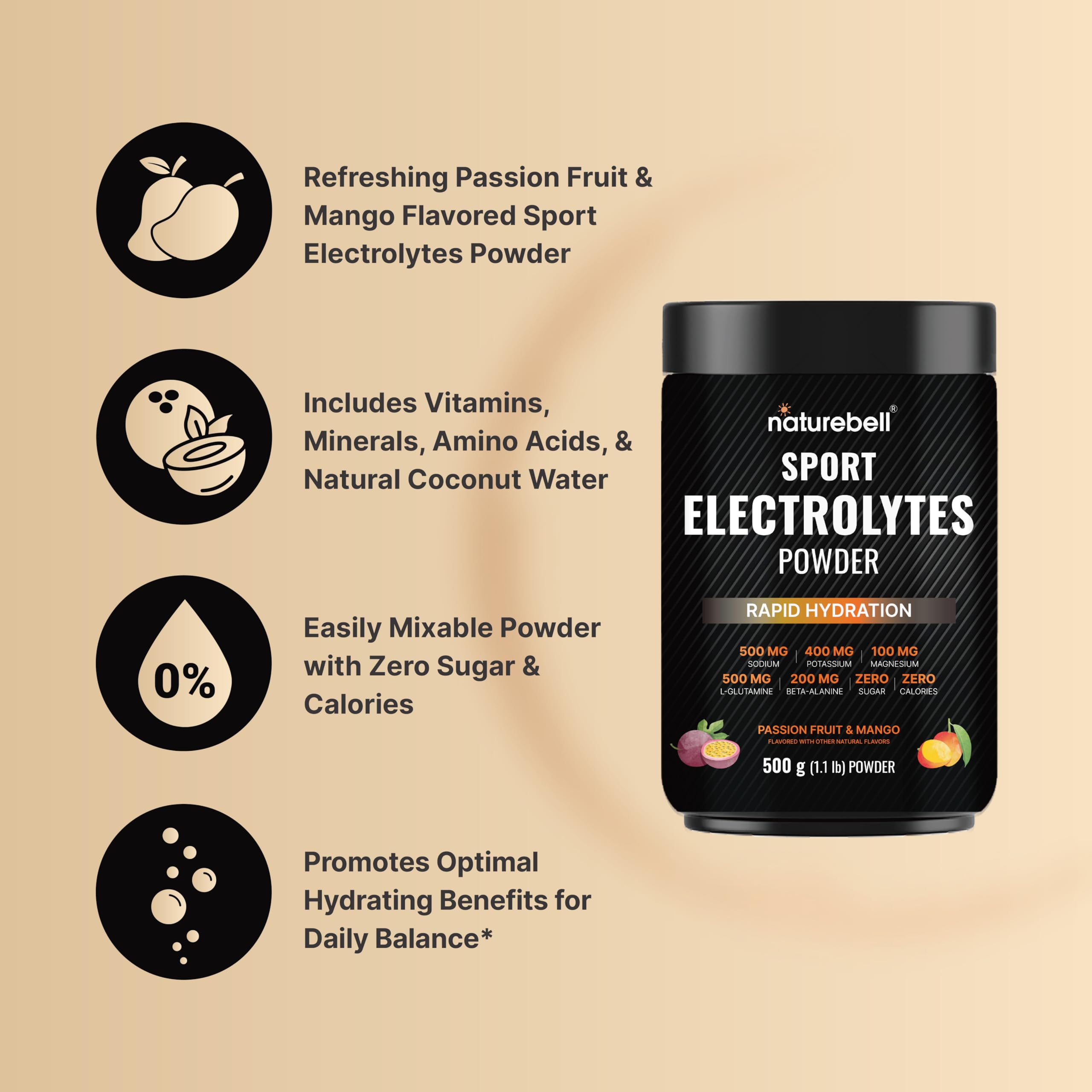 NatureBell primer plano de ingredientes como agua de coco y minerales
