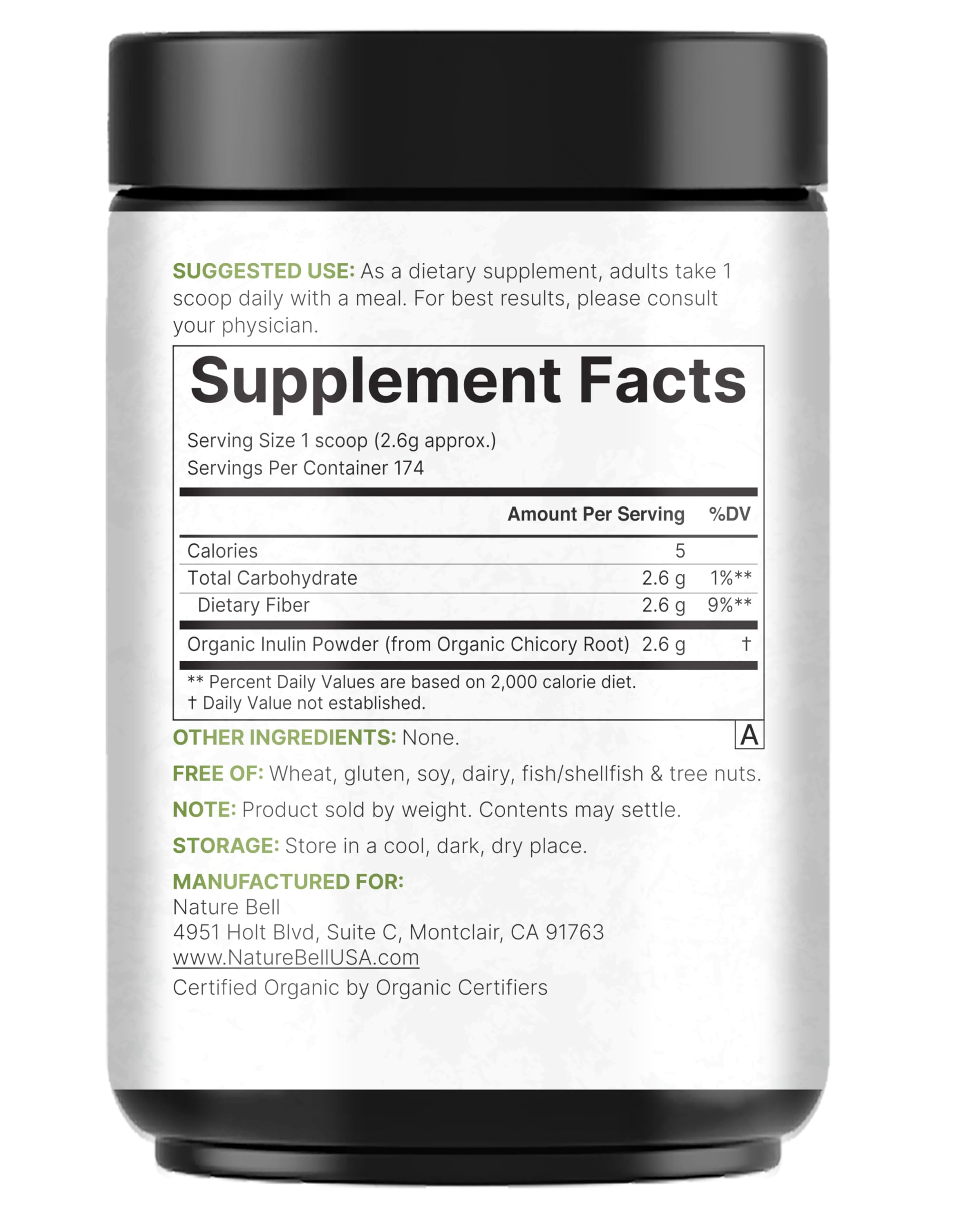 NatureBell inulina orgánica para viajes: polvo ligero y práctico.