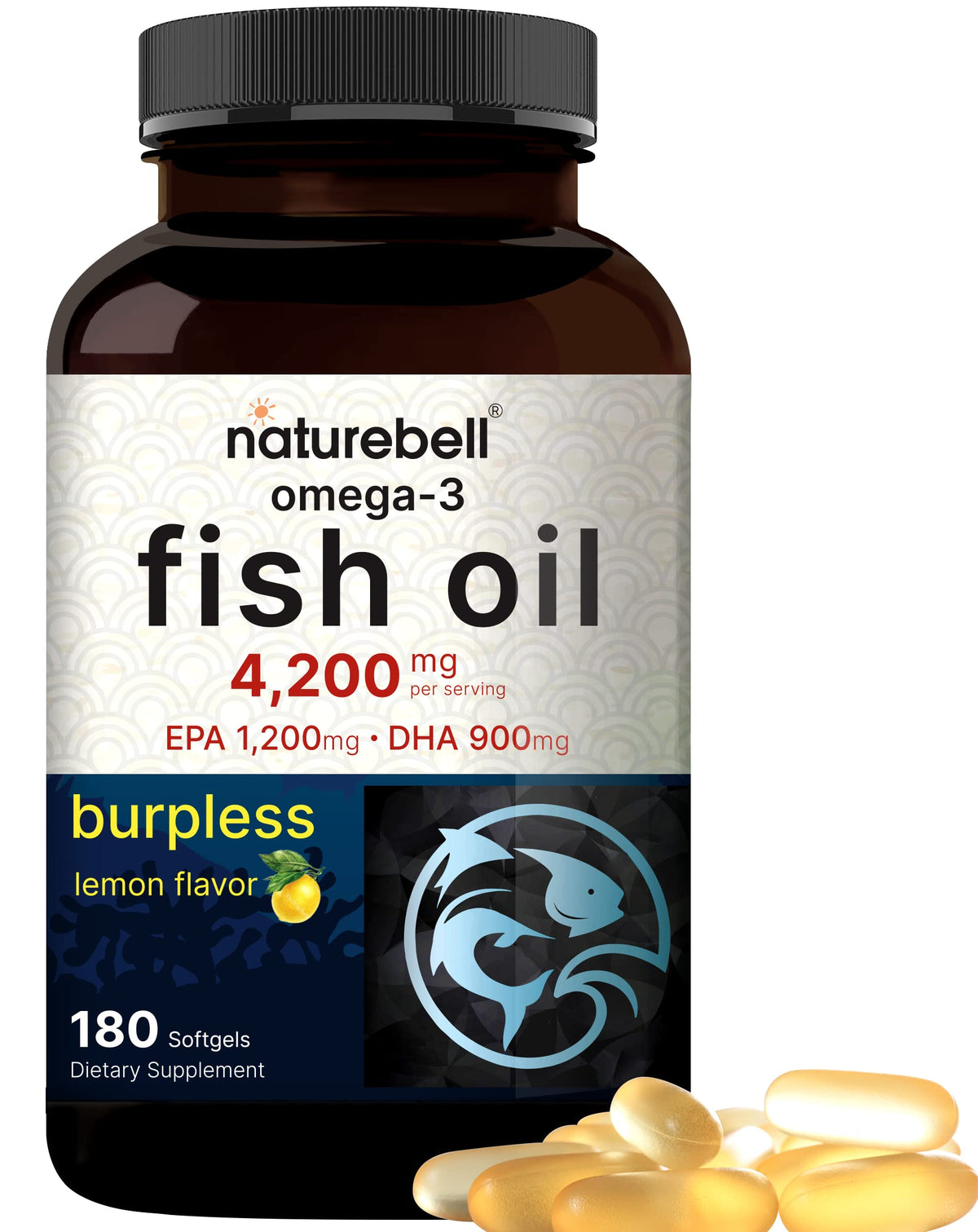 NatureBell Omega-3 botella-limon, posible apoyo a la salud cardíaca y cerebral.