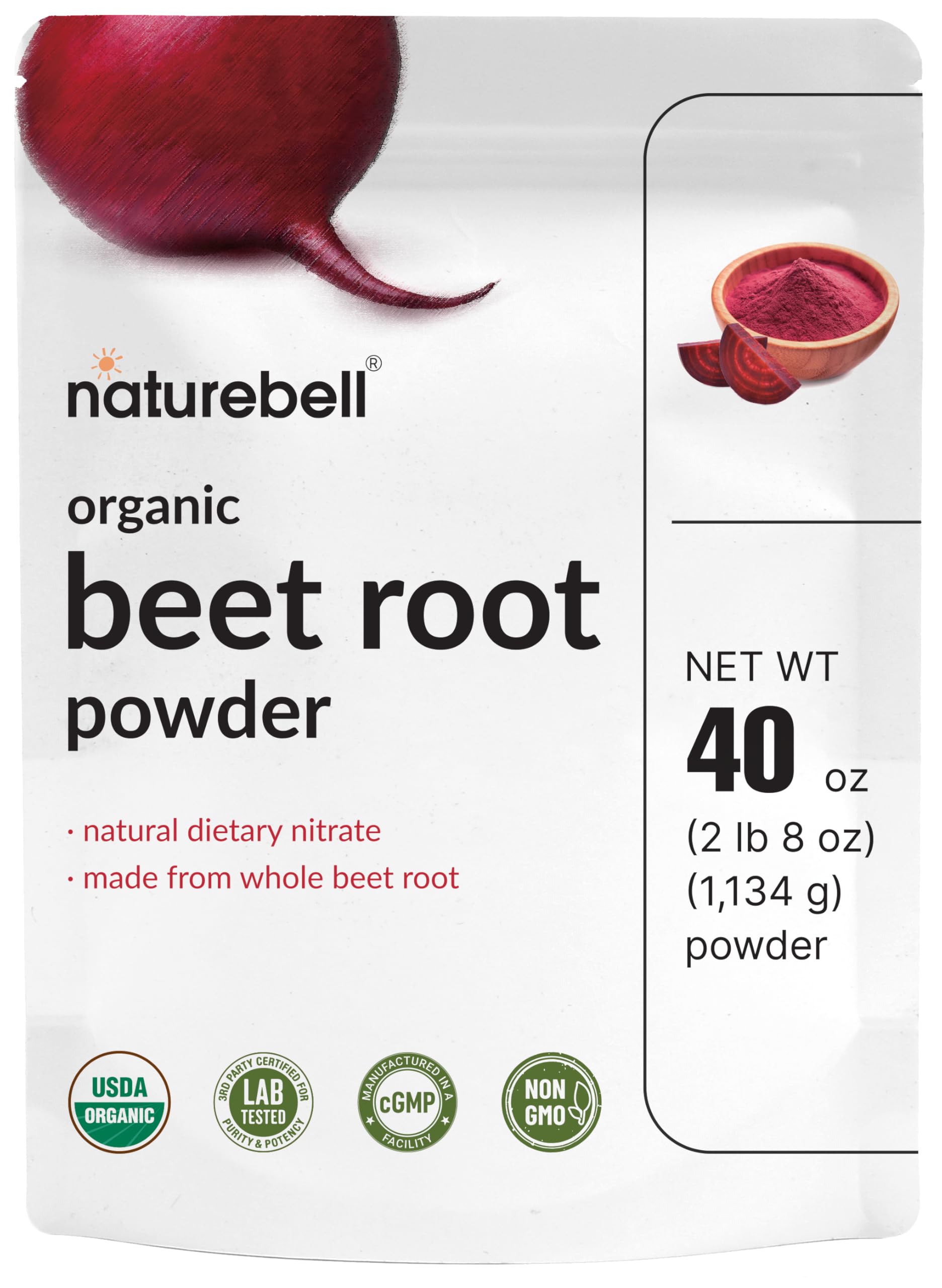 NatureBell empaque frontal mostrando 40 oz y uso orgánico