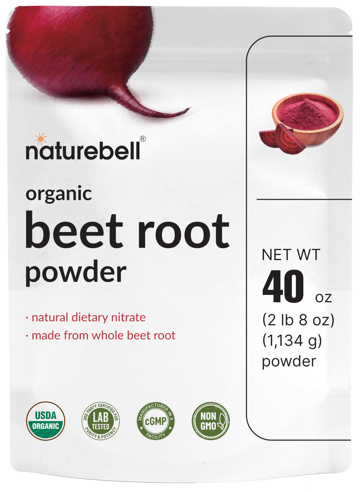 NatureBell empaque frontal mostrando 40 oz y uso orgánico