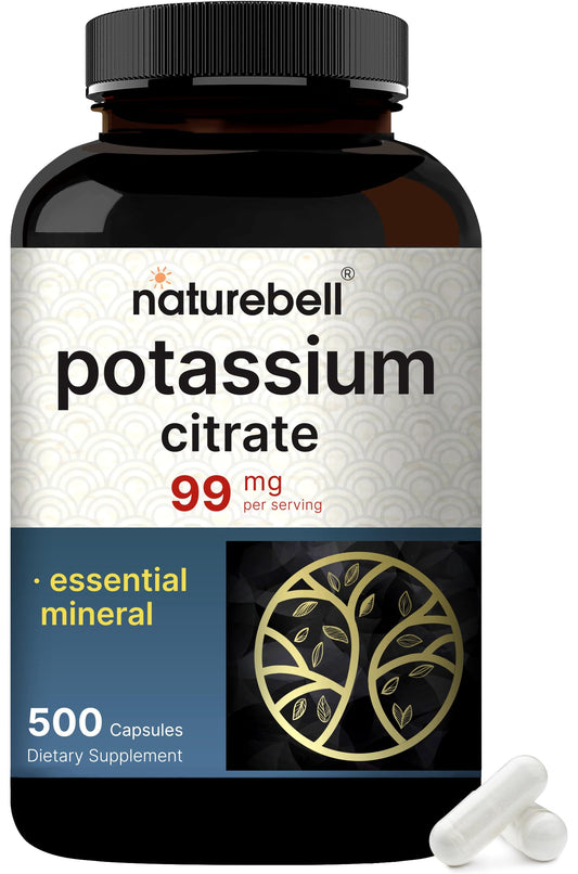 NatureBell Potassium Citrate bottle with 500 capsules for daily electrolyte support