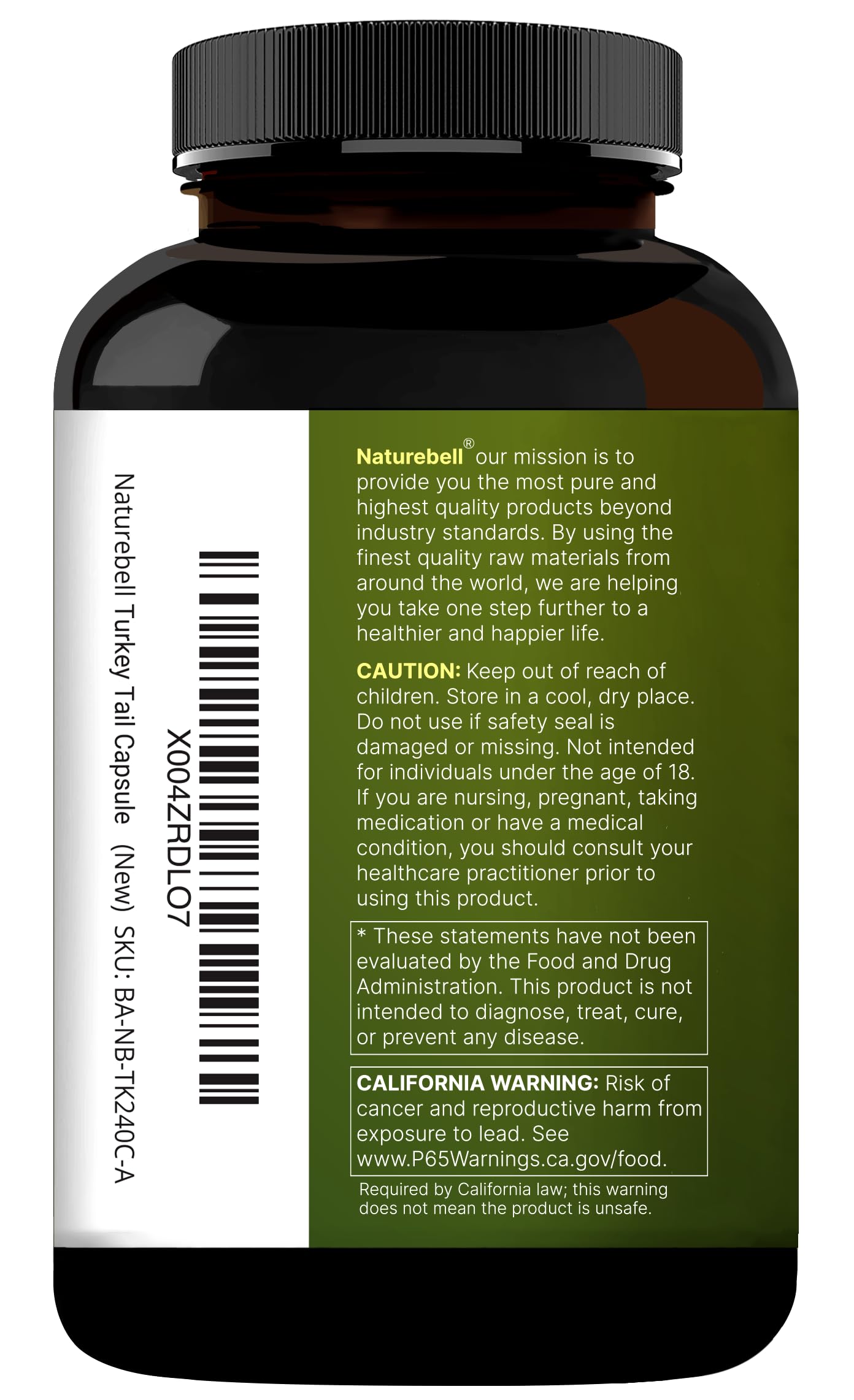 NatureBell envase lateral con sellos cGMP y pruebas de laboratorio