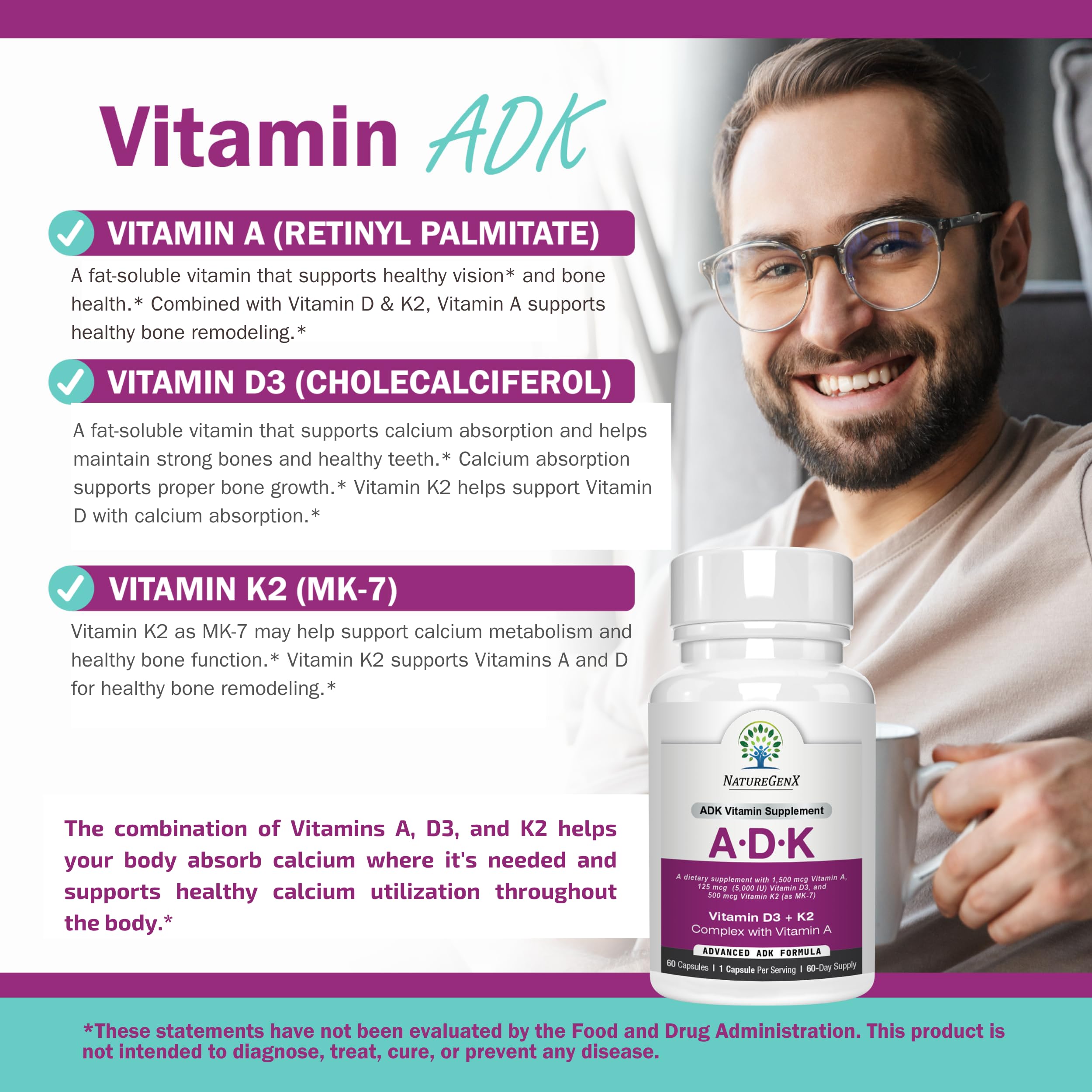 NatureGenX lista de ingredientes activos destacando A, D3 y K2